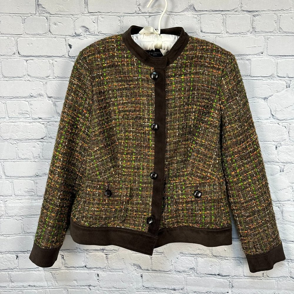 Talbots Petites Women's Mini Collared Short Tweed Blazer Jacket, Size 10P, Brown